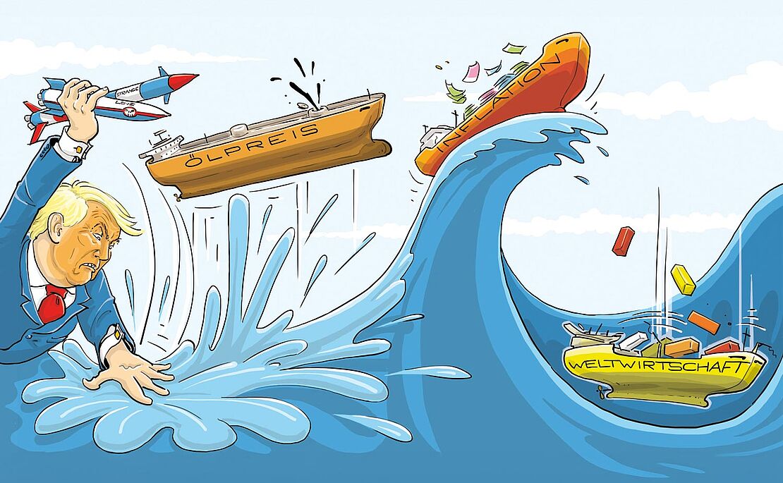 Illustration eines Meeres mit hohem Wellengang, den Donald Trump verursacht, in seiner Hand Raketen, auf dem Wasser die Schiffe "Ölpreis", "Inflation" und "Weltwirtschaft", alle in Turbulenzen