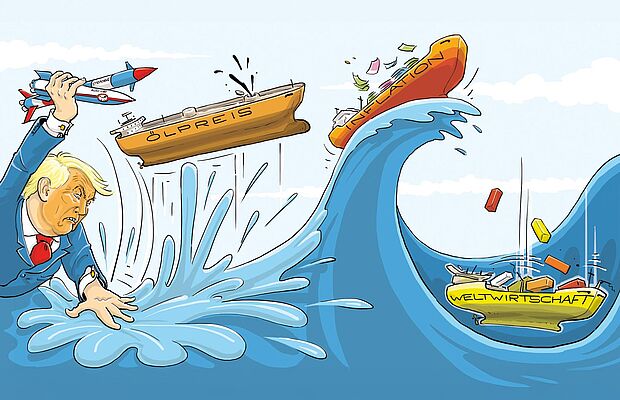 Illustration eines Meeres mit hohem Wellengang, den Donald Trump verursacht, in seiner Hand Raketen, auf dem Wasser die Schiffe "Ölpreis", "Inflation" und "Weltwirtschaft", alle in Turbulenzen