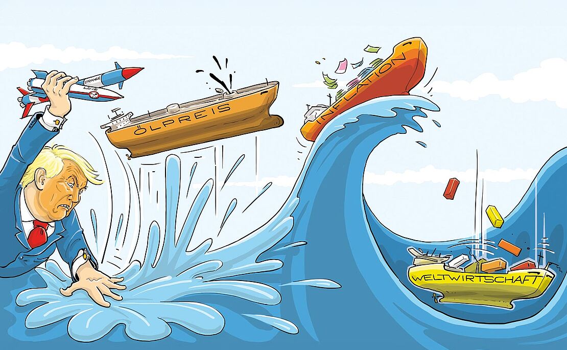 Illustration eines Meeres mit hohem Wellengang, den Donald Trump verursacht, in seiner Hand Raketen, auf dem Wasser die Schiffe "Ölpreis", "Inflation" und "Weltwirtschaft", alle in Turbulenzen