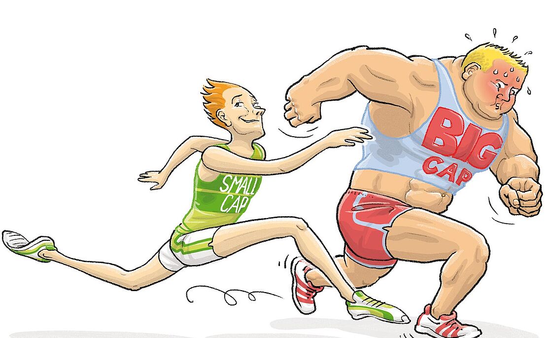 Illustration: Ein Bodybuilder mit Big-Cap-Leiberl und schmerzverzerrtem Gesicht läuft gegen einen schlanken, lächelnden Mann mit Small-Cap-Leiberl