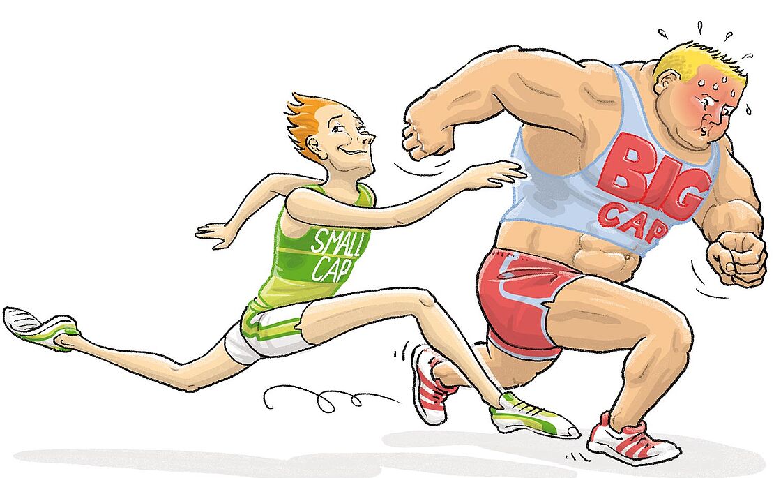 Illustration: Ein Bodybuilder mit Big-Cap-Leiberl und schmerzverzerrtem Gesicht läuft gegen einen schlanken, lächelnden Mann mit Small-Cap-Leiberl