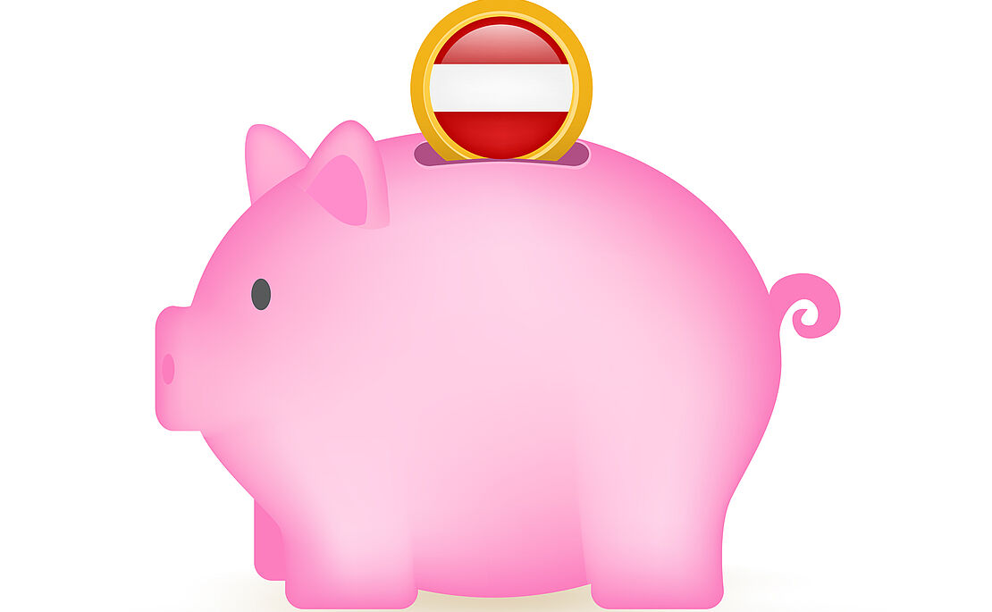 Illustration eines rosa Sparschweins mit einer Österreichmünze im Schlitz