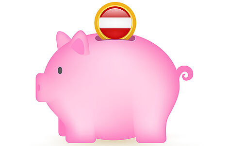 Illustration eines rosa Sparschweins mit einer Österreichmünze im Schlitz